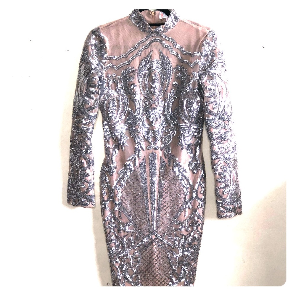 Silver Sequins Nude Mesh Long Sleeve Dress